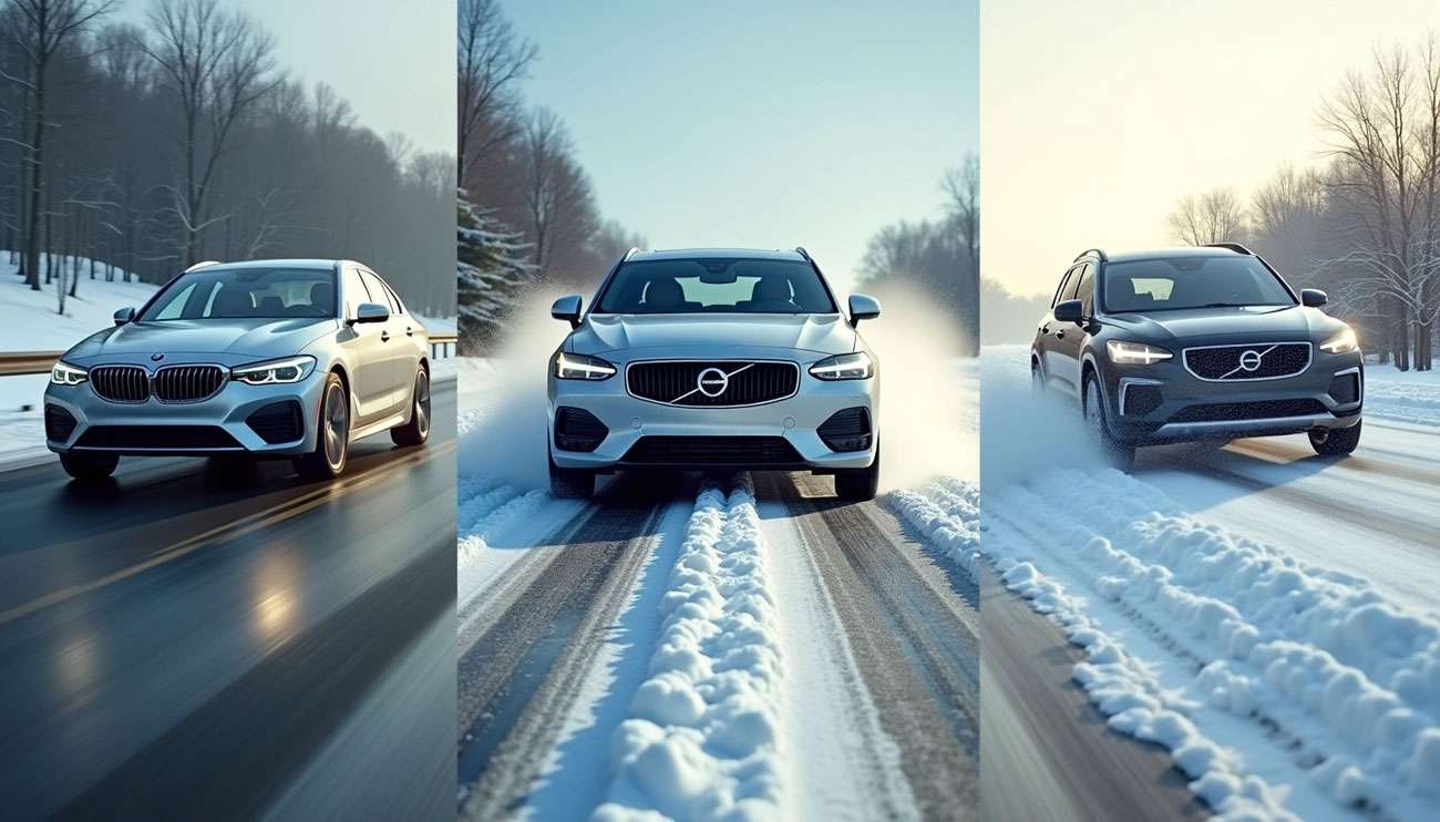 Three cars driving on snowy roads, illustrating all-season, all-weather, and winter tire performance in winter conditions.