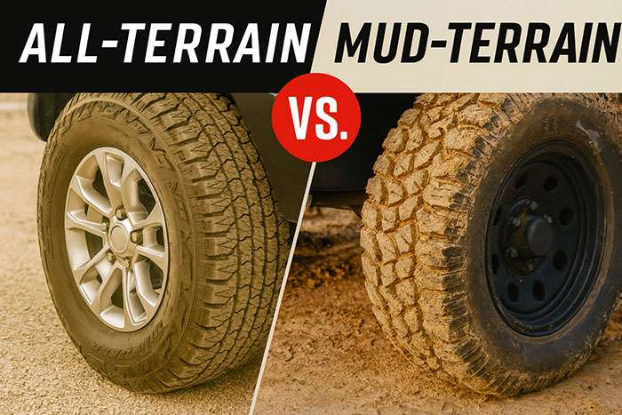 Comparison of all-terrain and mud-terrain tire tread patterns for off-road performance.