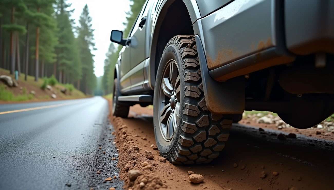 Close-up of a truck's all-terrain tire gripping muddy dirt beside a paved forest road on a cloudy day