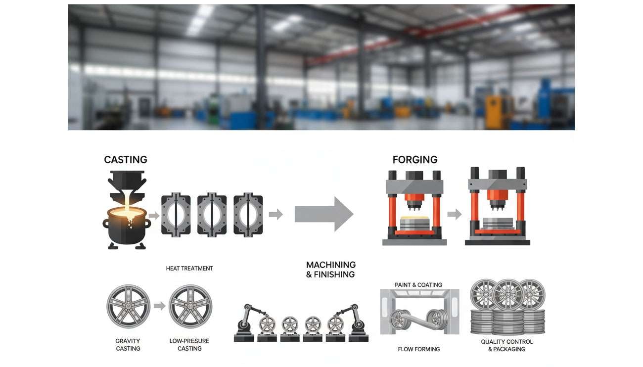 Diagram illustrating the step-by-step manufacturing processes of car alloy wheels in a factory setting