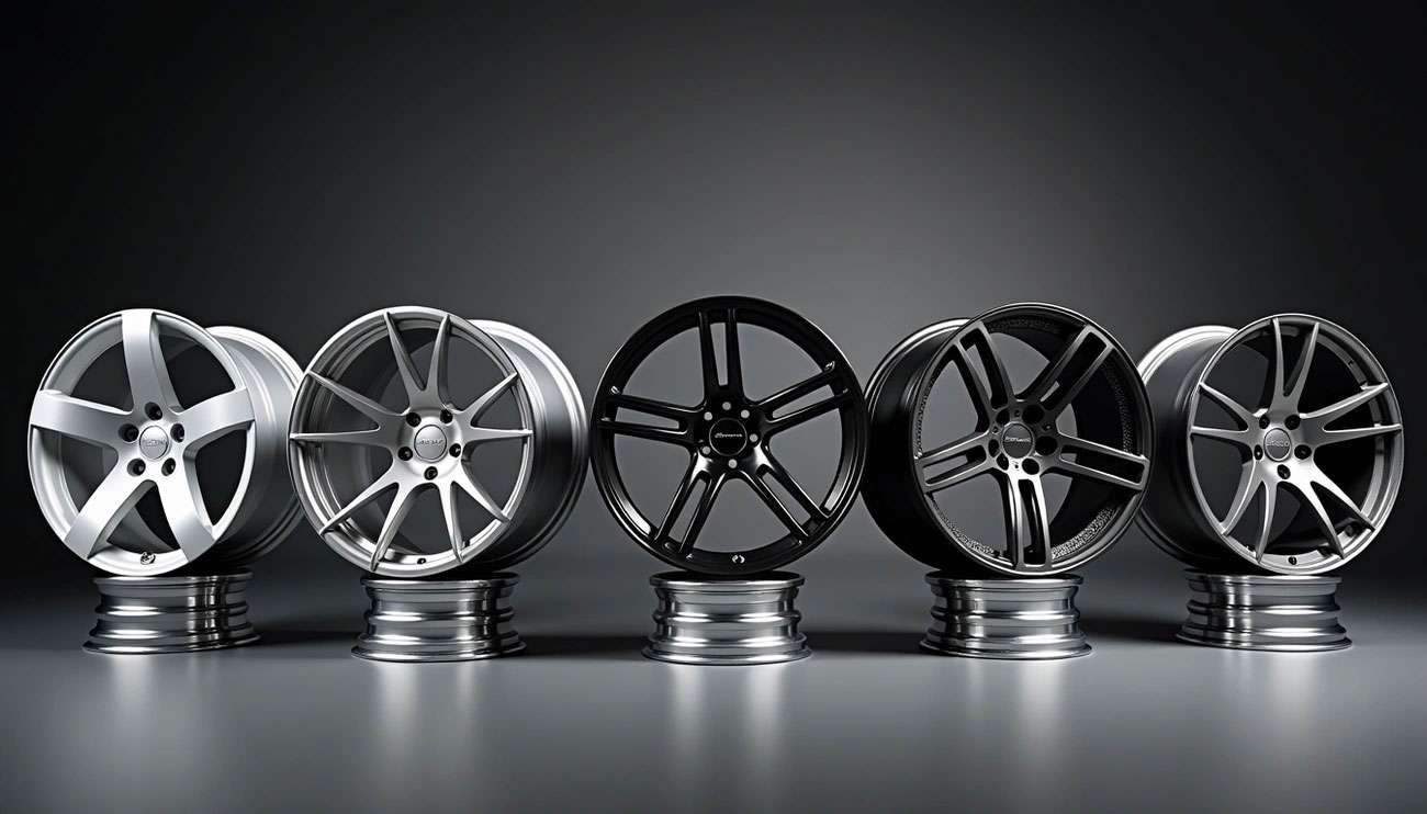 Five different styles of alloy wheels displayed in a row against a dark gradient background