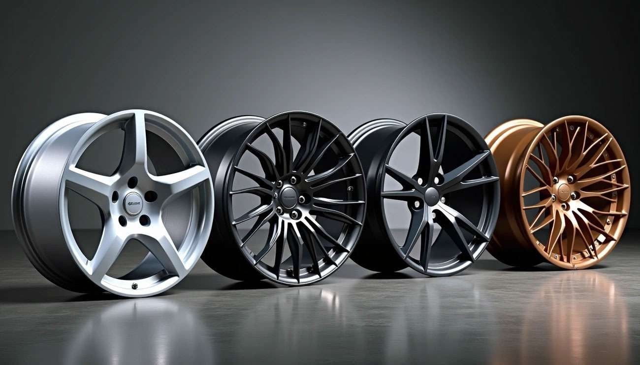 Four stylish alloy wheels in silver, black, and bronze finishes displayed on a reflective surface against a gray background.