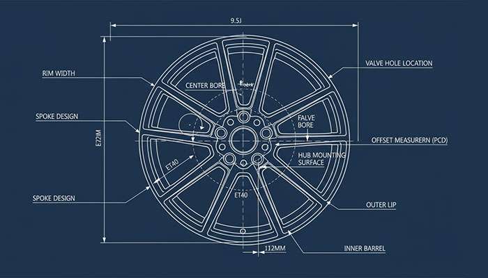 Diagram showing the parts and measurements of an aluminum alloy wheel including rim spoke valve hole and offset