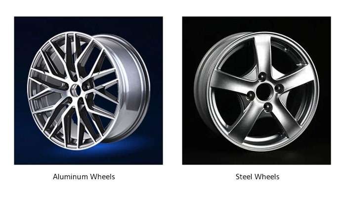 Side-by-side comparison of a multi-spoke aluminum alloy wheel and a five-spoke steel wheel on black backgrounds