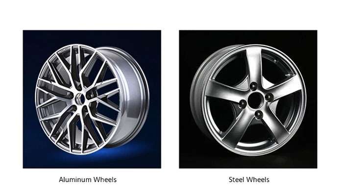 Side-by-side comparison of a multi-spoke aluminum alloy wheel and a five-spoke steel wheel on dark backgrounds