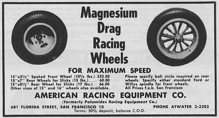 Vintage ad for American Racing magnesium drag racing wheels with specs and prices for front and rear wheels.