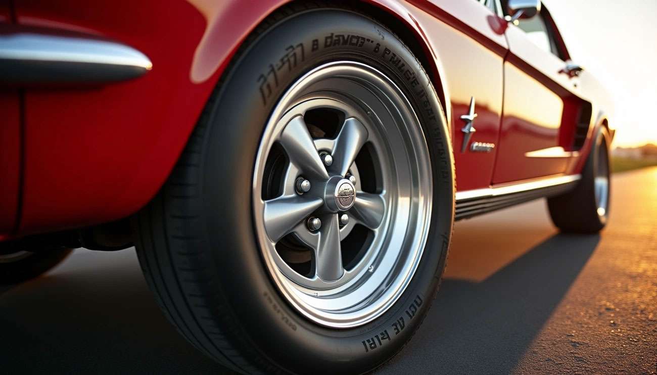 Close-up of a classic red muscle car featuring iconic American Racing wheels at sunset on a road.