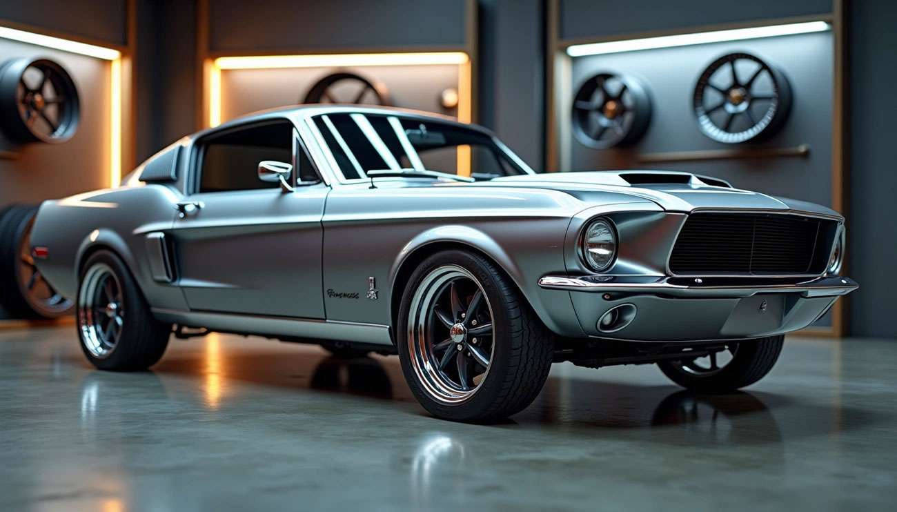 Classic silver Ford Mustang fastback with American Racing wheels displayed in a modern showroom with wheel racks