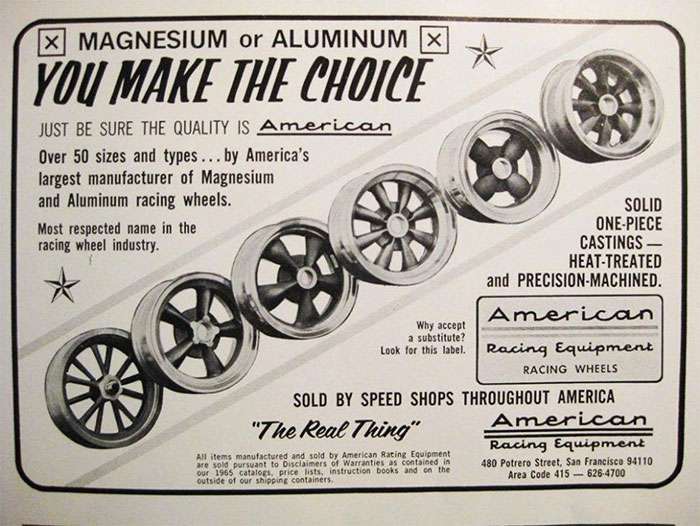 Vintage American Racing wheels advertisement highlighting magnesium and aluminum options with various wheel designs.