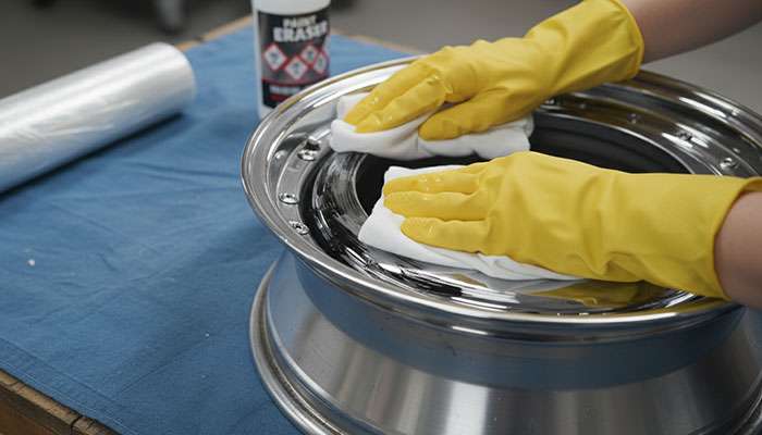 Proper technique for applying paint remover to chrome wheel with protective gloves and soft cloth