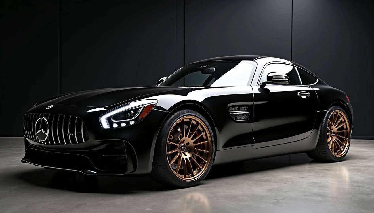 Sleek black Mercedes sports car with distinctive bronze Asanti wheels in a modern showroom setting