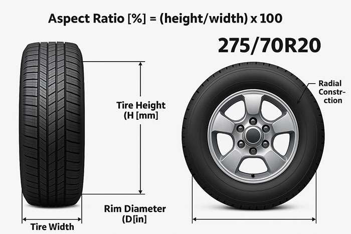 Tire sidewall with highlighted aspect ratio example numbers