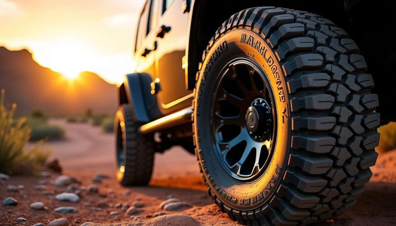 Close-up of an Atturo tire on a rugged off-road vehicle at sunset in a desert landscape