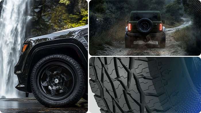 Atturo TrailBlade ATS all-terrain tire shown on a vehicle, off-road driving, and close-up of its rugged tread pattern