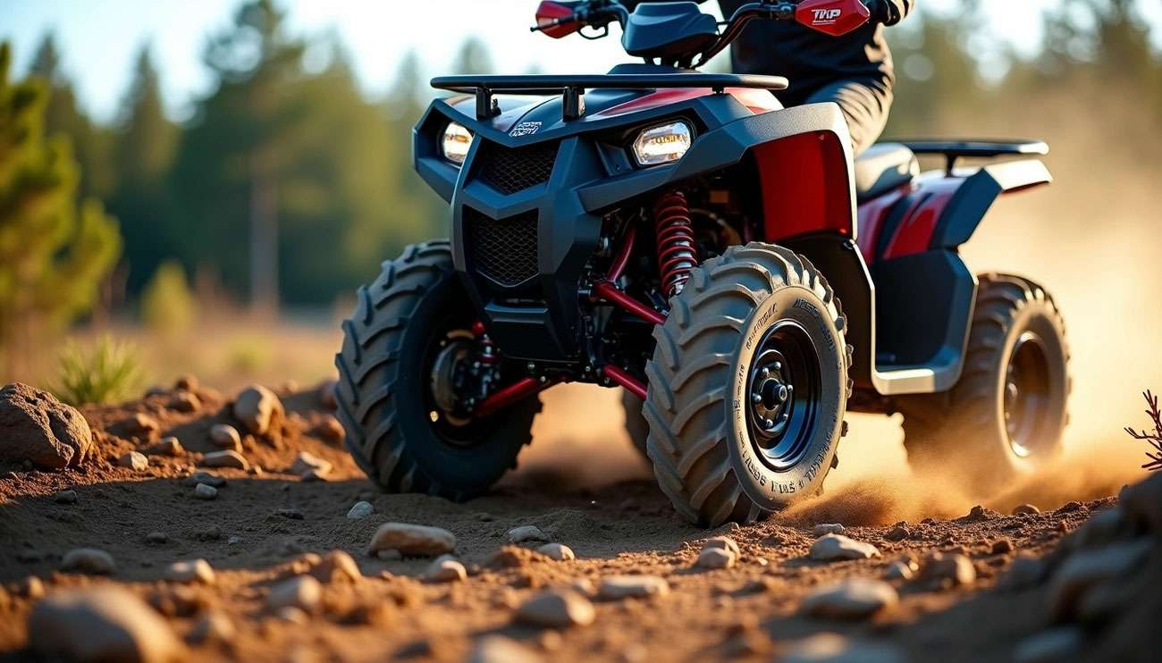 Close-up of an ATV with rugged tires kicking up dust on a rocky dirt trail in a forest setting