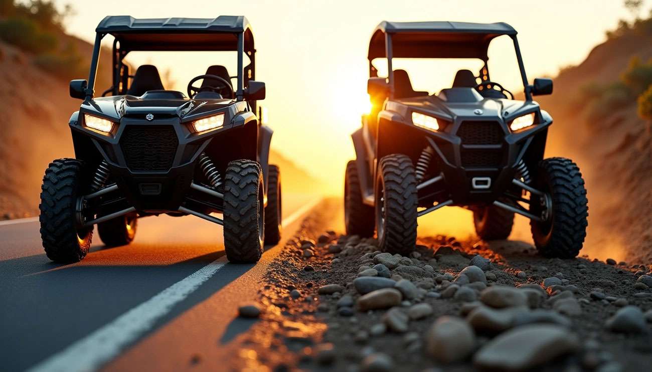 Two black UTVs with off-road tires on paved and rocky terrain at sunset, highlighting tire performance and safety.