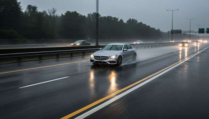 Highway driving in heavy rain conditions showing when budget tires create safety risks