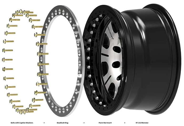 Close-up of beadlock off-road wheel showing bolted outer ring and aggressive tire on trail