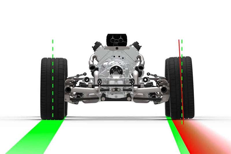 Front view of a car's engine and suspension with aligned and misaligned wheels highlighted by green and red lines.
