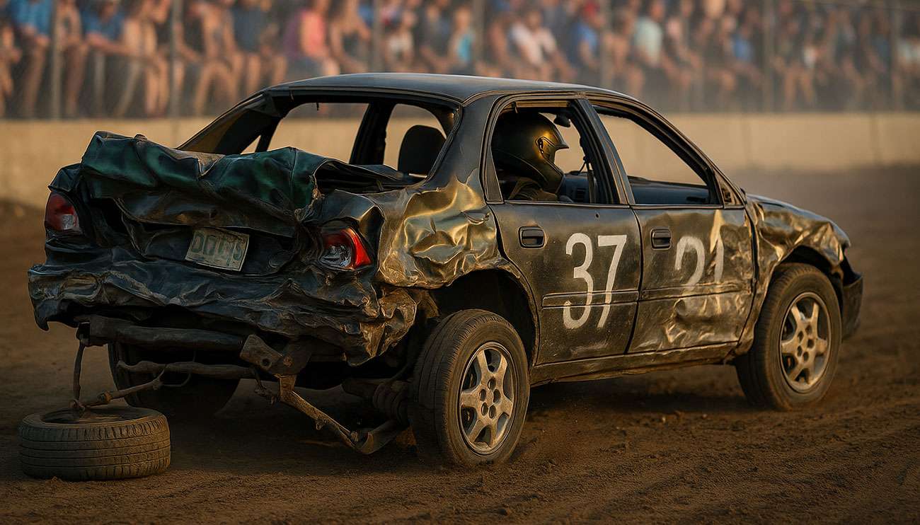 Demolition derby cars lined up before a race, with drivers making last-minute checks