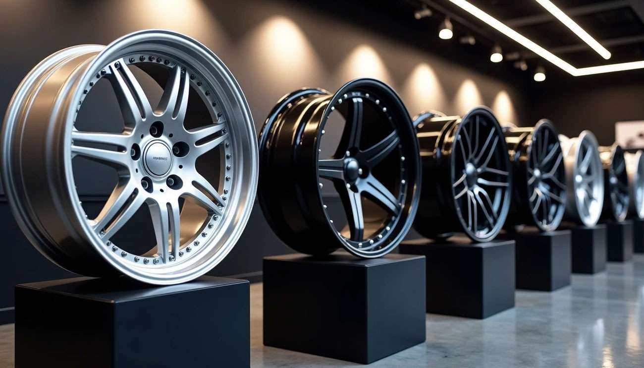 Row of stylish car rims displayed on black pedestals in a modern showroom with focused lighting