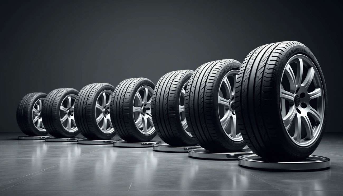 Row of seven new car tires with alloy rims displayed on a reflective floor against a dark background.