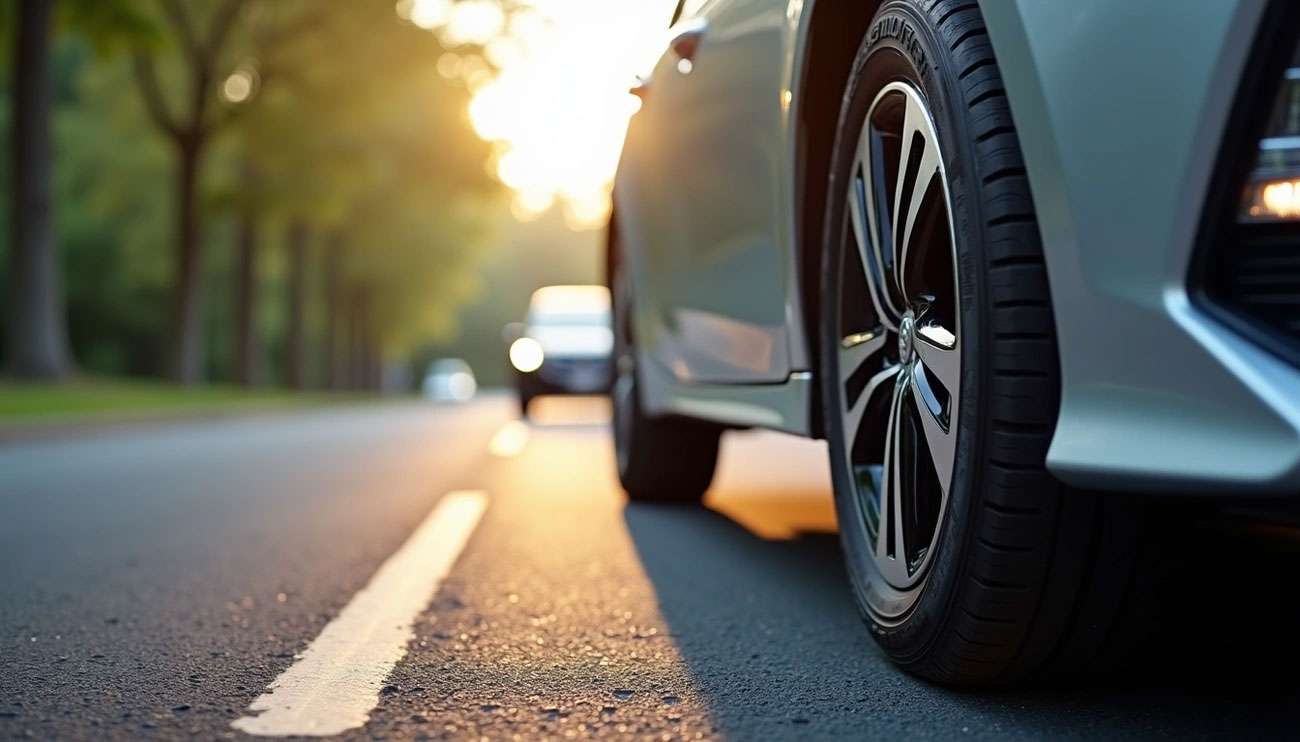 Close-up of a hybrid car tire on a sunlit road, highlighting tire design for efficiency and performance.