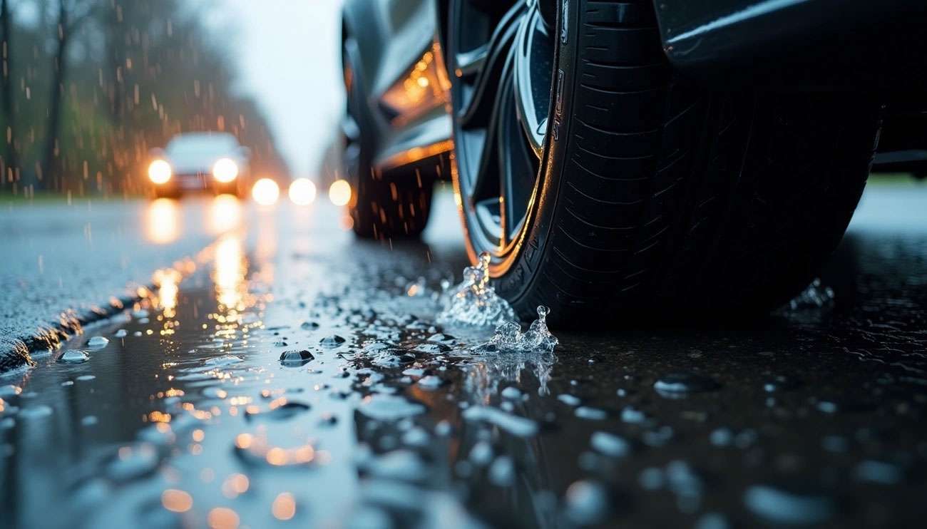 Close-up of a car tire splashing water on a wet road with blurred headlights in the background at dusk.
