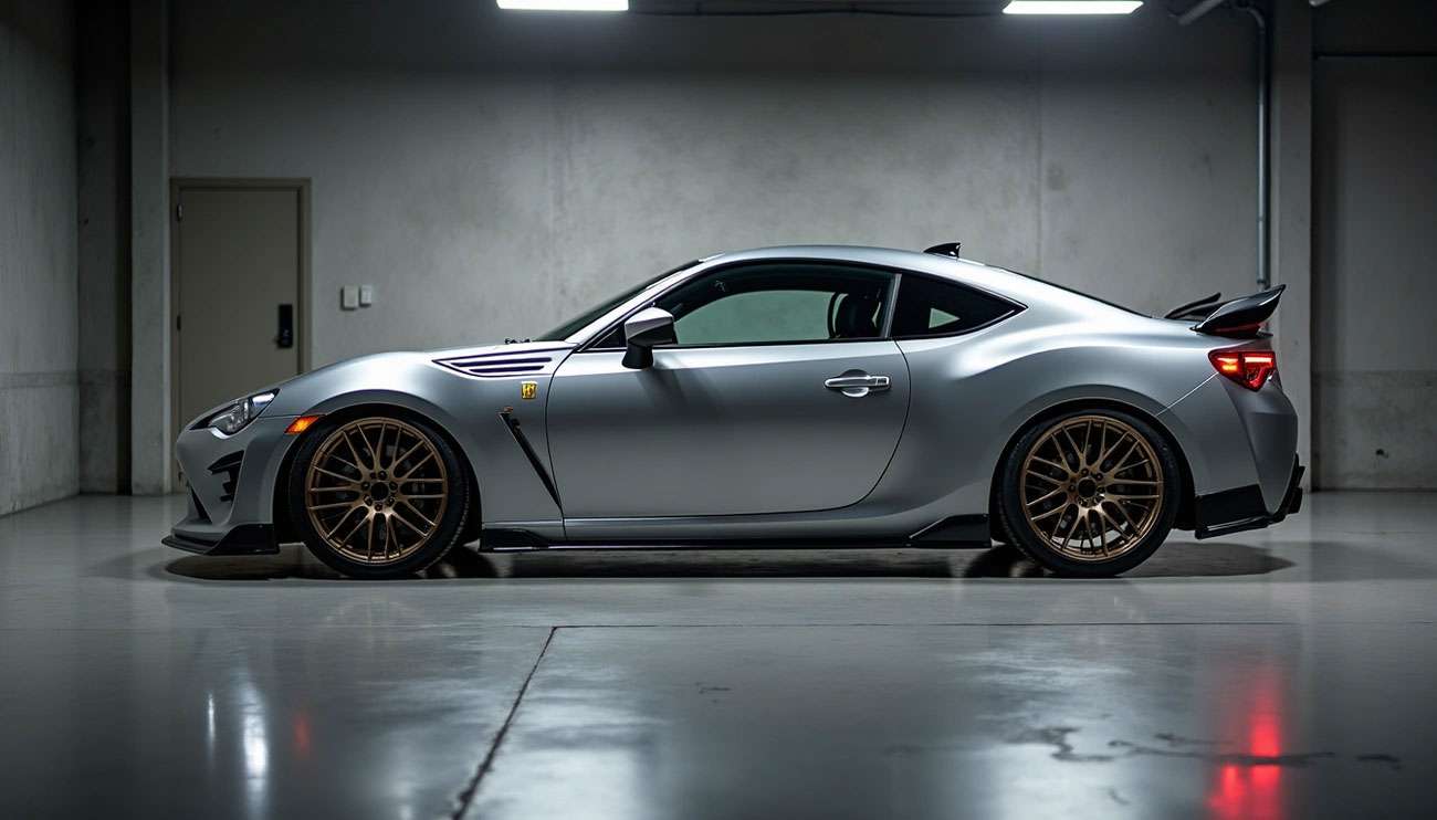 Sleek gray sports car with bronze alloy wheels in a dimly lit garage—best wheel brands 2025