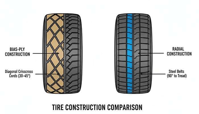 Diagram comparing bias-ply belt and cord pattern versus radial belt and cord pattern in tires for track testing