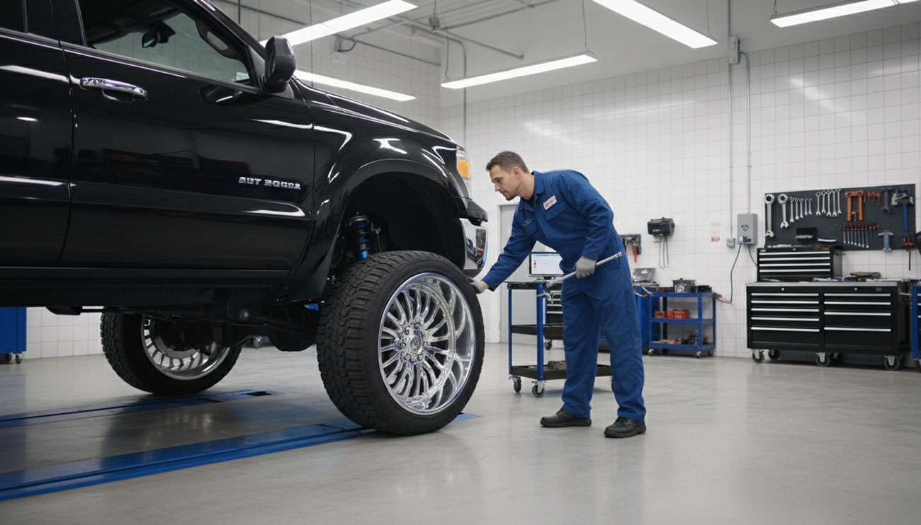 Mechanic in blue coveralls inspecting large chrome rim on lifted black pickup truck in a garage