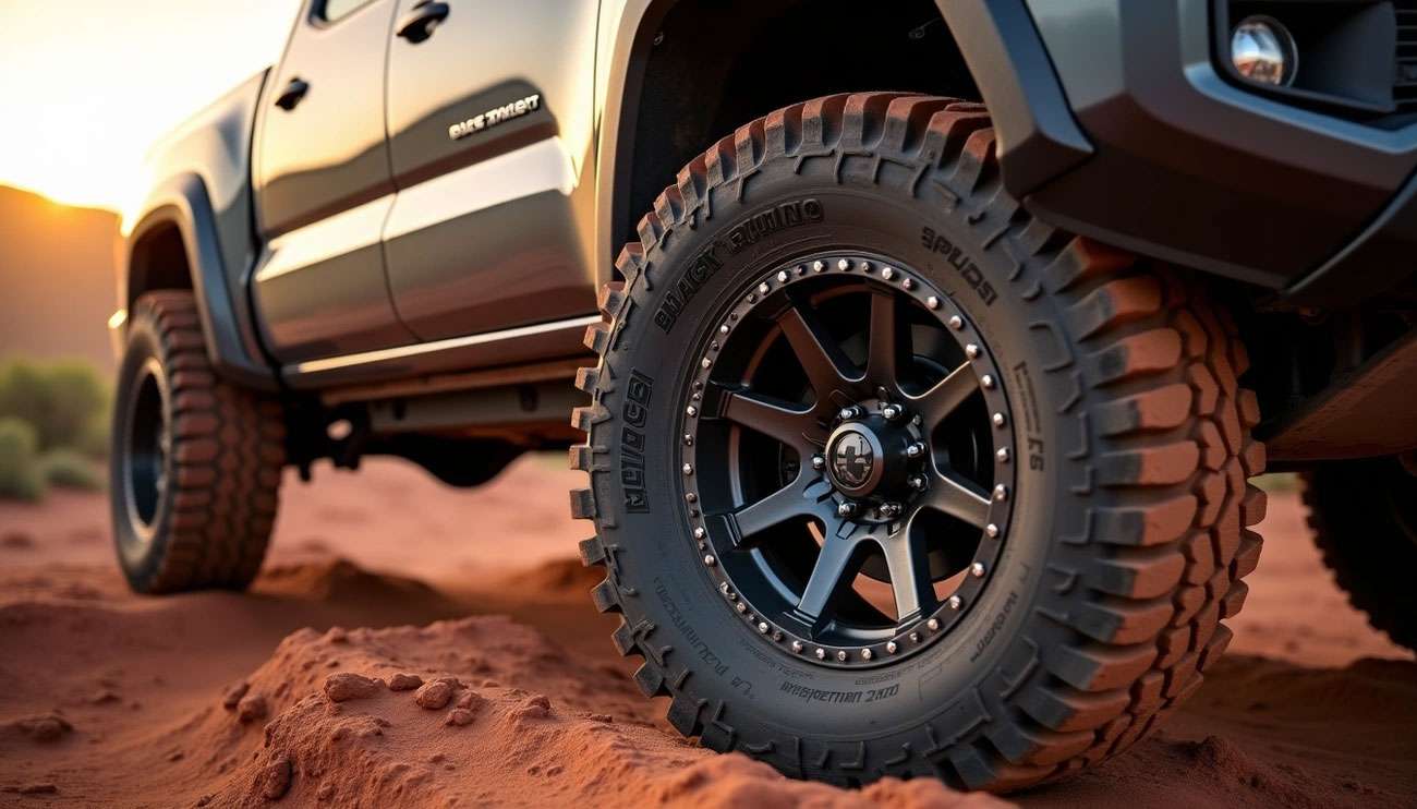 Close-up of rugged off-road truck tire with Black Rhino wheels on sandy terrain at sunset