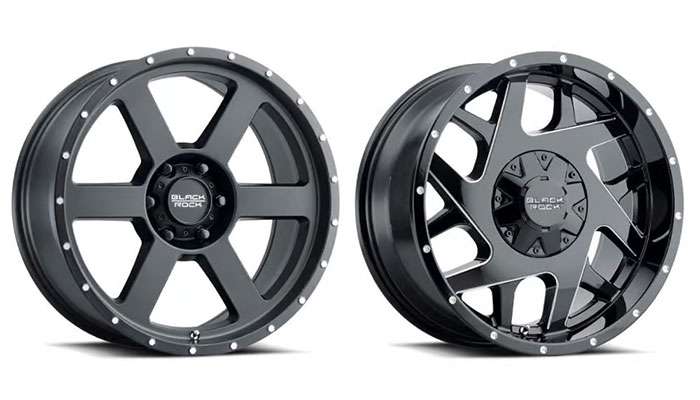 Two black CNC-machined Black Rock 4x4 off-road rims with a rugged design, shown from front and angled views