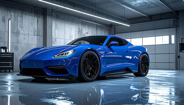 Blue Porsche sports car with gloss black wheels demonstrating striking contrast and luxury styling