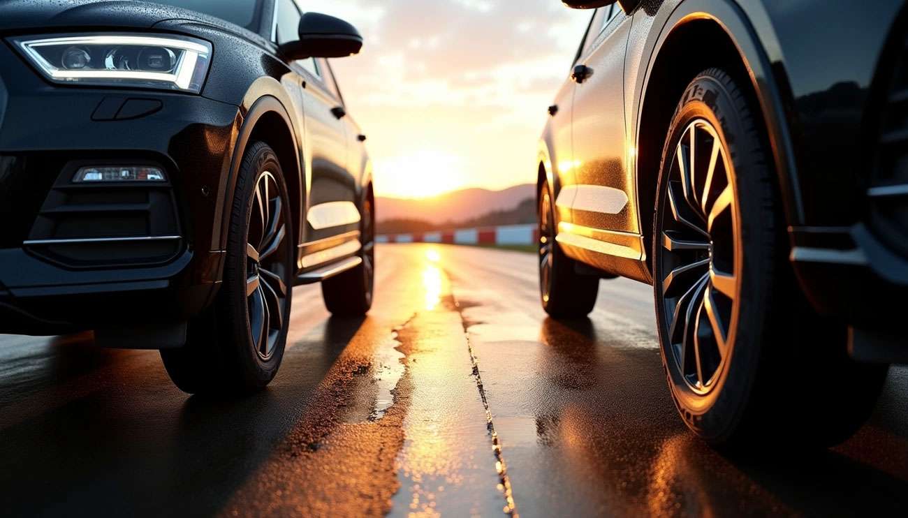 Two black SUVs with detailed tires facing each other on a wet track at sunset, highlighting tire quality comparison