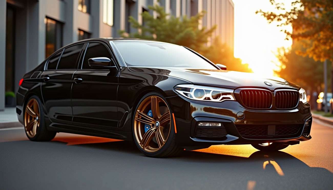 Black luxury sedan with glowing bronze rims parked on a city street at sunset highlighting stylish wheel design