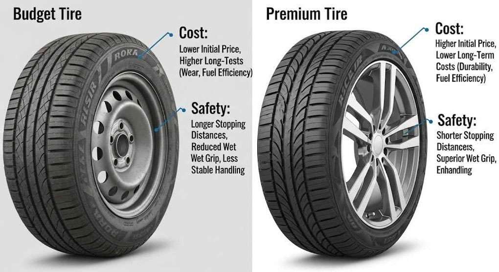 Comparison of budget and premium tires highlighting cost differences and safety features for 2025
