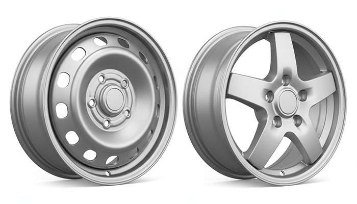 Comparison of basic steel and cast aluminum wheels showing entry-level custom wheel options