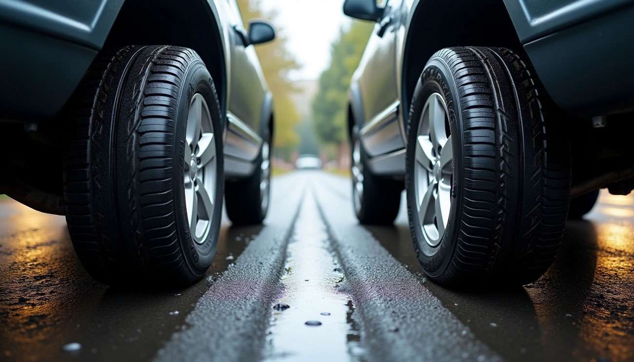 Close-up of two cars' tires on a wet road, highlighting tire tread and condition for budget tire comparison