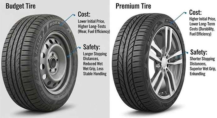 Comparison of budget vs premium tires showing cost, safety, and performance differences for 2025 savings