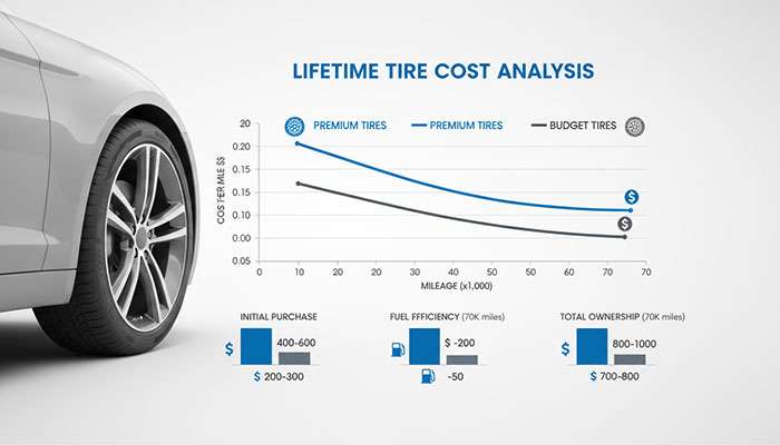 Detailed cost comparison chart showing lifetime value of budget versus premium tires over miles driven