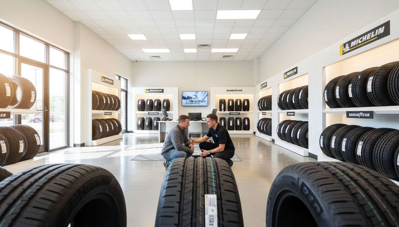 Professional tire shop displaying various new tire options for different vehicles and driving conditions