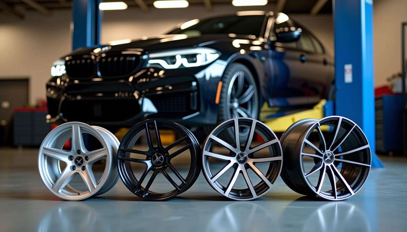 Four different car rims displayed in front of a black luxury sedan inside a garage or workshop