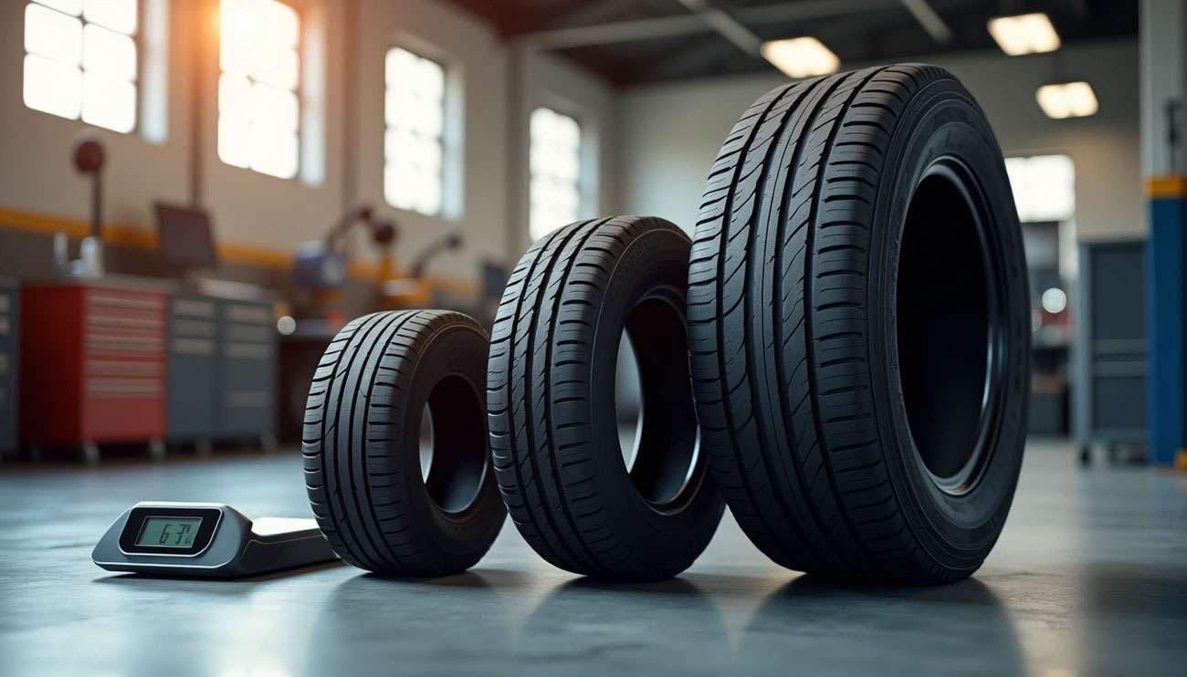 Three car tires of different sizes displayed in a mechanic's workshop with a digital scale nearby showing weight