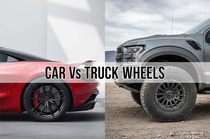 Split image showing custom black wheels on a green car and a gray truck with off-road tires, titled Car vs Truck Wheels
