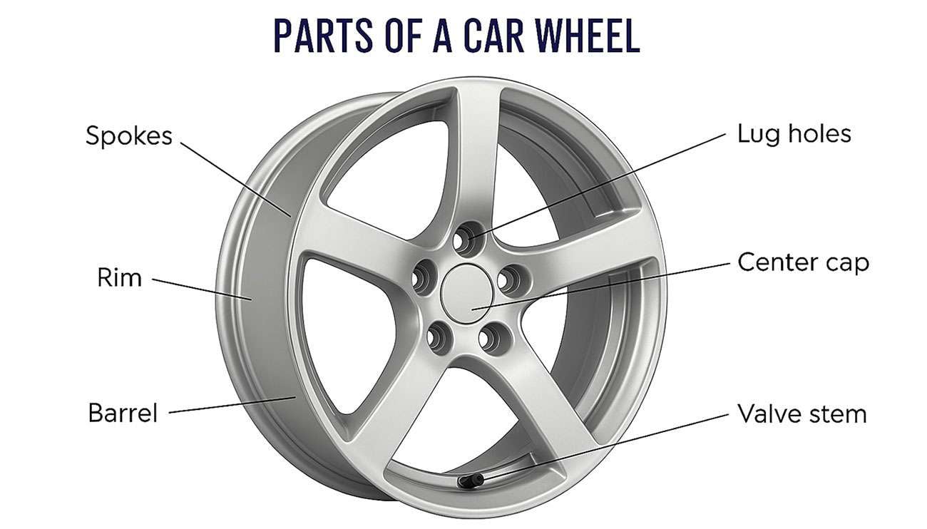 Diagram of a car wheel showing labeled parts including spokes, rim, barrel, lug holes, center cap, outer lip, and valve stem