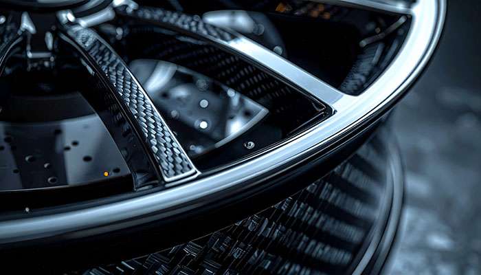 Carbon fiber wheel close-up highlighting weave pattern and rim lip.