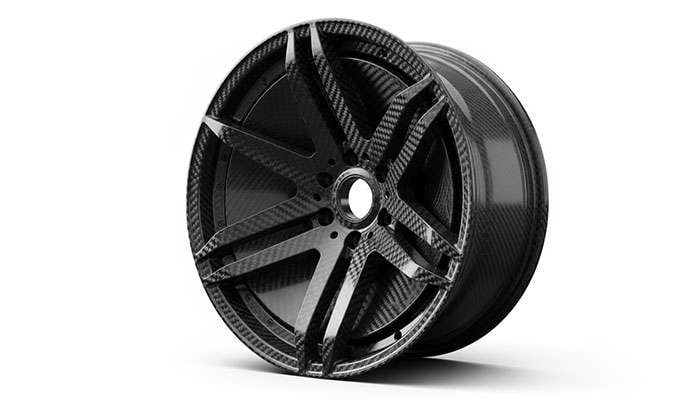 Lightweight carbon fiber wheel displaying distinctive weave pattern and high-tech construction