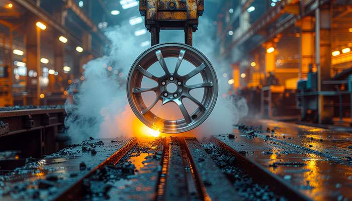 Cast alloy wheel being removed from a mold on the factory line.
