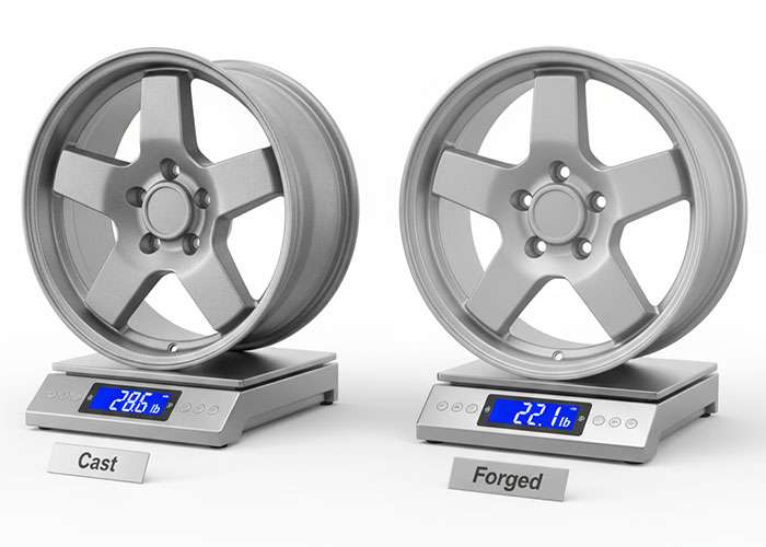 Comparison of cast VMR V701 and forged NISMO LMG T4 wheels on scales showing exact size and weight differences